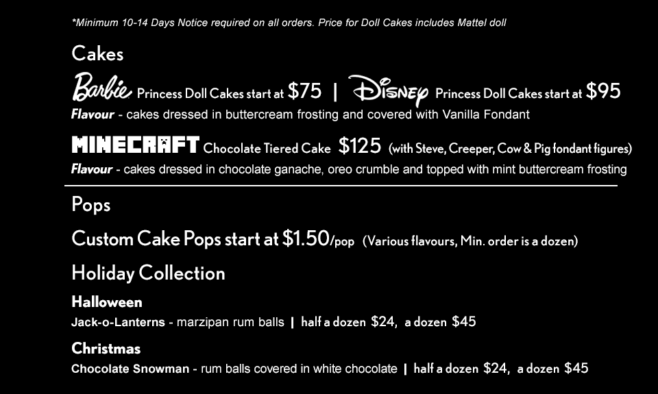 Cakes Menu - Barbie Princess Doll Cake, Disney Princess Doll Cake, Minecraft Chocolate Cake, Cake Pops